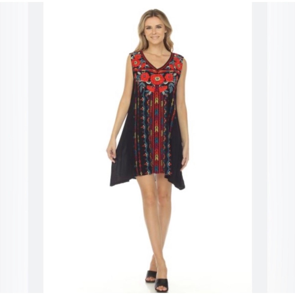 Johnny Was Black Embroidered Cotton V-Neck Shift Dress Small J35319-2